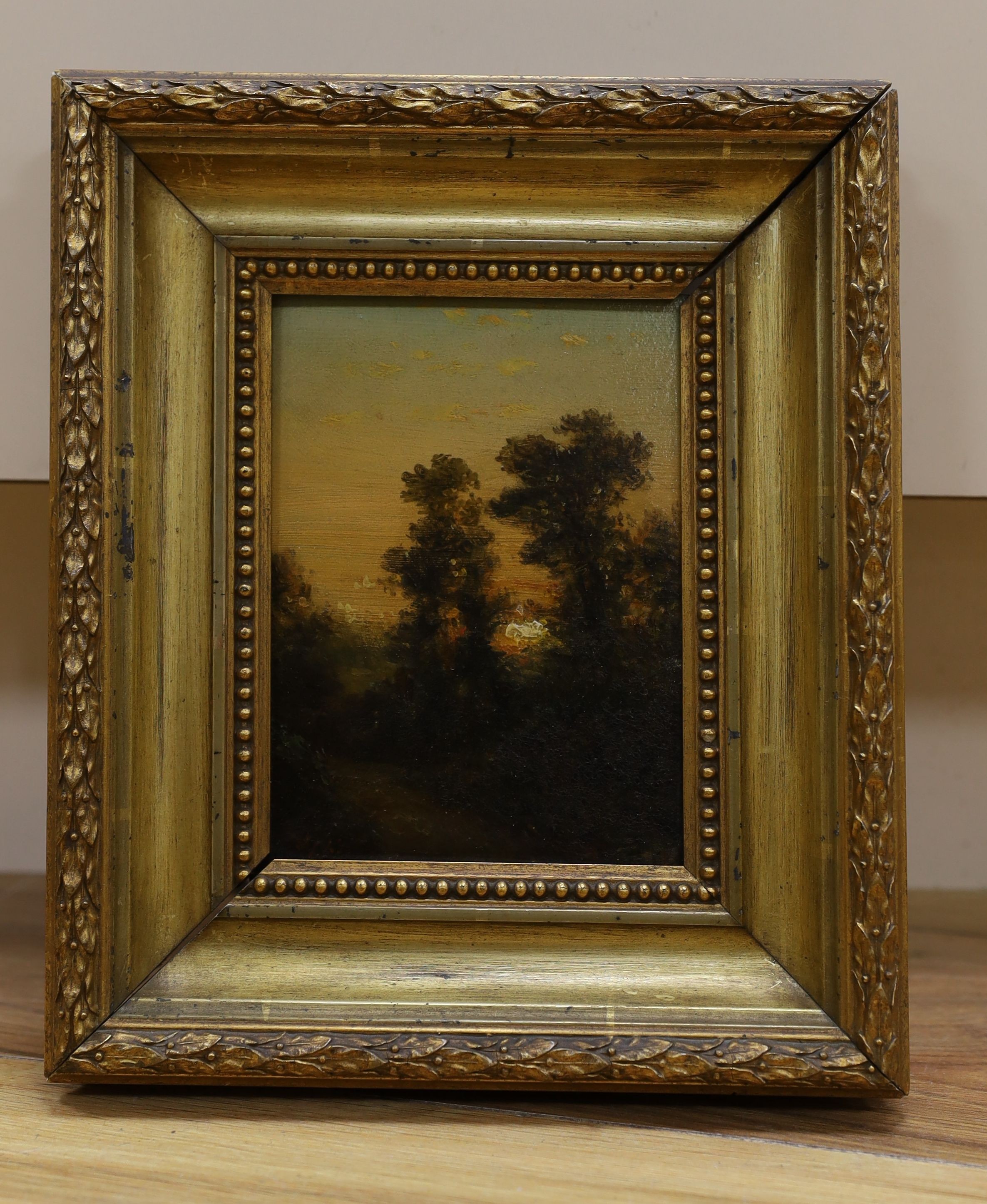 Lodewijk Johannes Kleijn (1817-1897), oil on wooden panel, Woodland at sunset, indistinctly signed, 15 x 11cm